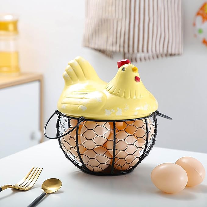 Egg Storage Organizer for Kitchen Countertop, Ceramic Chicken Lid with Wire Basket Dispenser, Black Chicken Egg Holder for Fresh Eggs, Rustics Egg Dispenser Rack for Farmhouse Decor (Yellow)