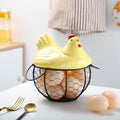 Egg Storage Organizer for Kitchen Countertop, Ceramic Chicken Lid with Wire Basket Dispenser, Black Chicken Egg Holder for Fresh Eggs, Rustics Egg Dispenser Rack for Farmhouse Decor (Yellow)