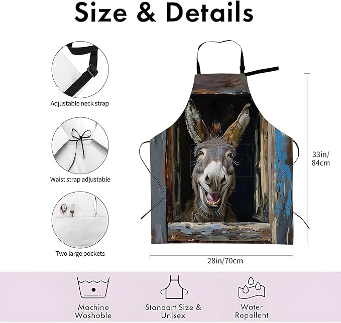 Farmhouse Donkey Apron,Adjustable Waterproof Oxford Fabric Kitchen Apron with 2 Pockets for Men and Women, Cooking, Baking, BBQ, Coffee Shop, Housewarming Gifts, 28x33 Inches