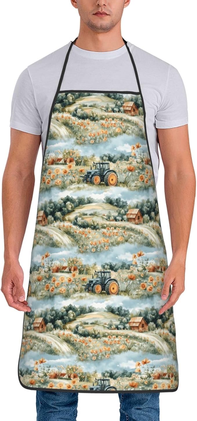 Chef Aprons for Men and Women - Village Flower Tractor Print Oil-Resistant Bib Aprons for Cooking or Grilling BBQ Kitchen