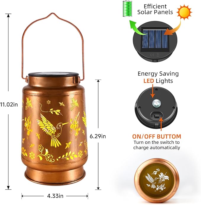 Hummingbird Solar Lanterns Outdoor Waterproof Hanging Solar Lights Hummingbird Birthday Gifts for Women Men Mom Metal Decorative LED Lantern Outside for Decor Garden,Yard,Patio,Lawn,Porch,Backyard