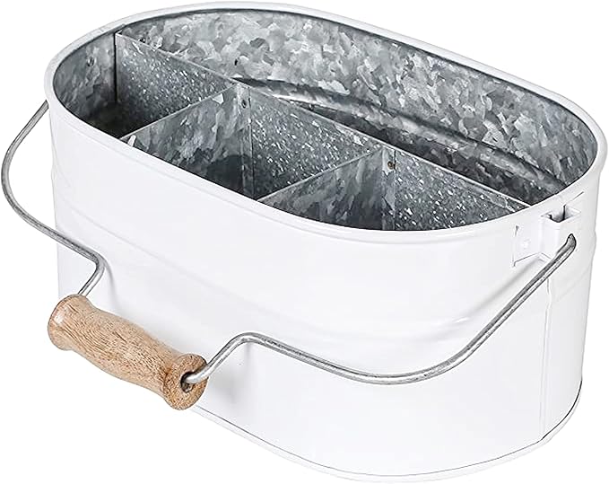 Light & Pro Farmhouse Rustic Silverware Utensil Carry All Caddy- Galvanized Utensil Caddy with Wooden Handle for Kitchen Counter, Silverware Organizer for Flatware, Condiments, Party Supplies - White