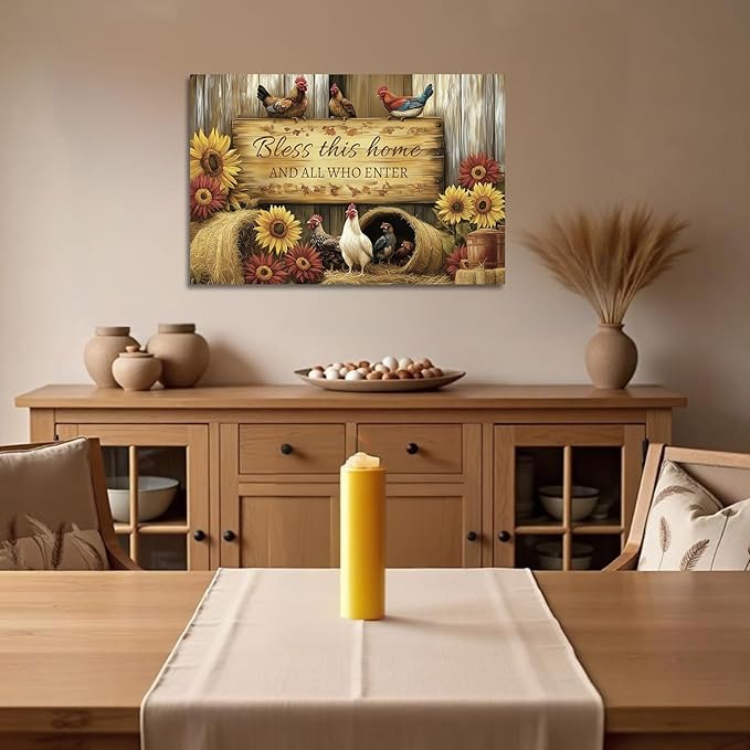 YMXDYMJSW Rooster Canvas Wall Art Chicken with Sunflower Pictures Farm Animal Prints Chicken Coop Paintings Inspirational Quotes Artwork for Kitchen Decor Frame (Red,16L x 20W)