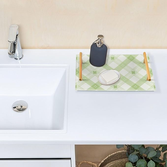 Bathroom Vanity Tray Counter Organizer, Tartan Plaid Green White Decorative Tray with Handles Countertop Storage for Bathroom Bedroom Kitchen Home Farmhouse