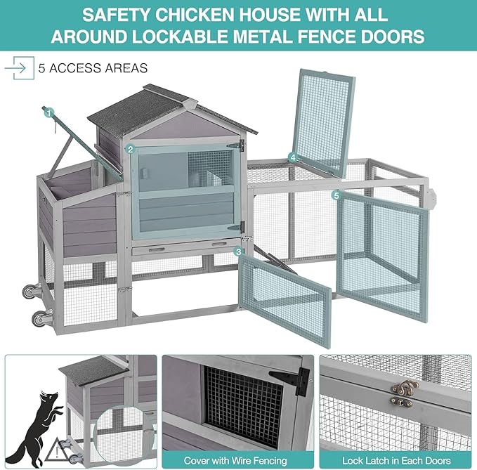 Chicken Coop for 2-4 Chickens, Mobile Chicken House for Outdoor with Wheels, Nesting Box, Leakproof Pull-on Tray and UV-Resistant Roof Panel, Wooden Chicken Coop for Duck