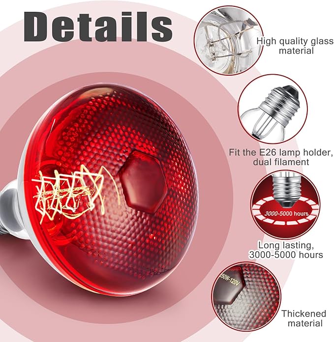 VIHOSE 4 Pack Infrared Heat Lamp for Chickens 175 Watt 120v Thickened Red Heat Lamp Bulbs for Food Service, Reptile, Pet, Bathroom, Light Therapy Use E26 Base