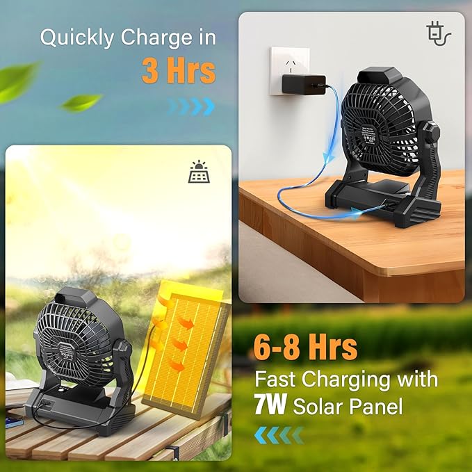 10400mAh Solar Fan with LED Lantern, Camping Fan with 7W Solar Panel, Rechargeable Solar Powered for Outside, Quiet Battery Operated Tent for Picnic, Barbecue, Fishing, Travel