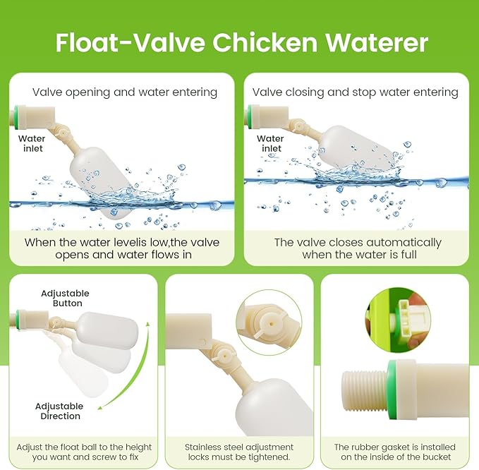 3.2 Gallon Chicken Waterer，Automatic Poultry Waterer Feeder with Float Valve,Hanging Automatic Chicken Water with Hose (One End 3/4") Poultry Waterer Dispenser for Quail Duck Goose Turkeys