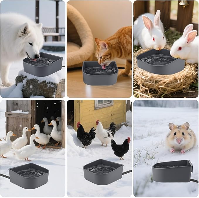 Hanging Heated Water Bowl for Cats/Rabbits/Chicken/Dogs, 34 OZ Thermal-Bowl Heated Small Water Dish for Outdoor Animals Hang on Cage