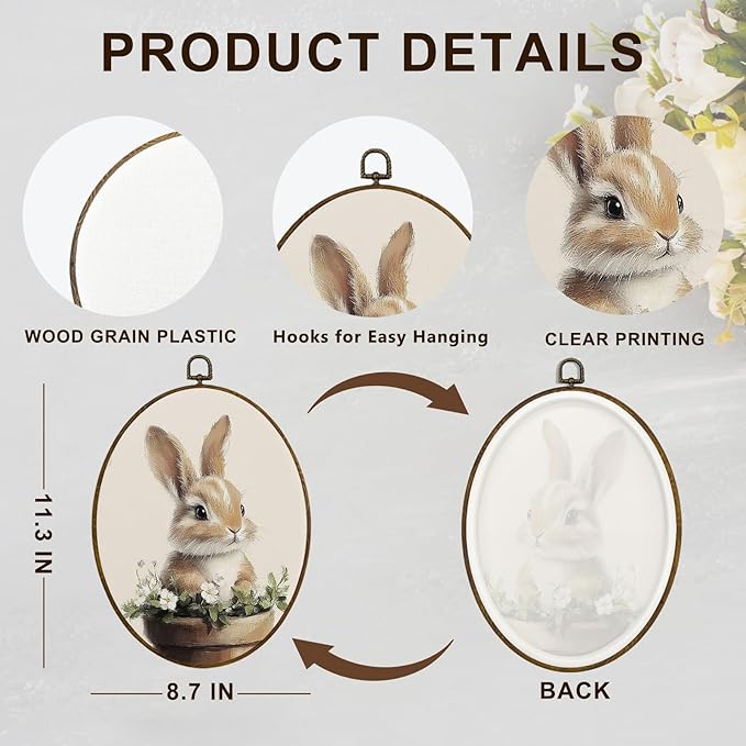 dvhdajed Easter Bunny Oval Wall Art Decor,Vintage Farmhouse Bunny Framed Canvas Art,Rabbit Nursery Decorations,Spring Rabbit Farm Animal Oval Wall Hanging Decor for Nursery Living Room, 8.7x11.3 Inch