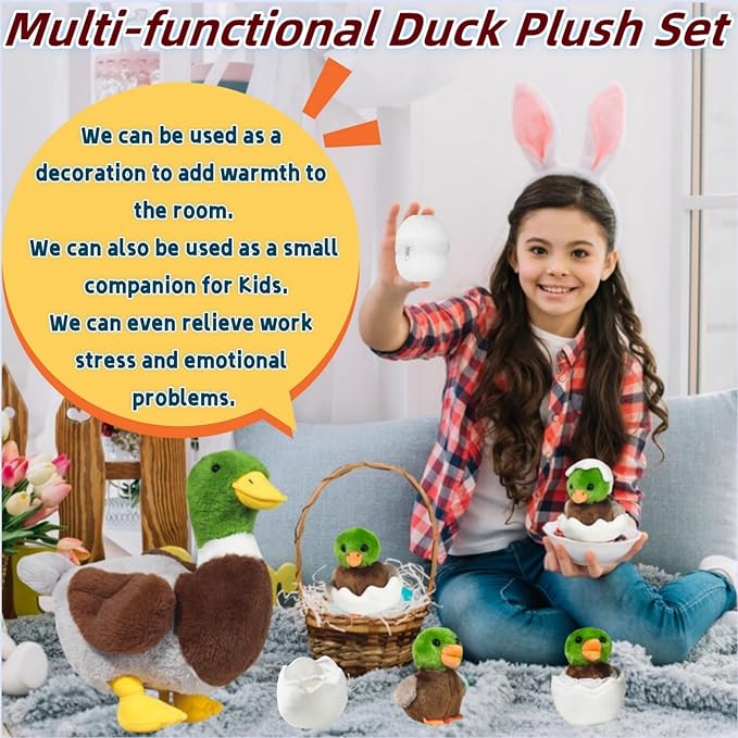 7 in 1 Mallard Duck Stuffed Animals Duck Plush Toys, 12" Zipper Mommy Stuffed Duck with 4 Baby Ducks Ducklings Eggs Green Duck Plushies Pillow for Kids Birthday Easter Stuffers Gifts Farm Party Decor