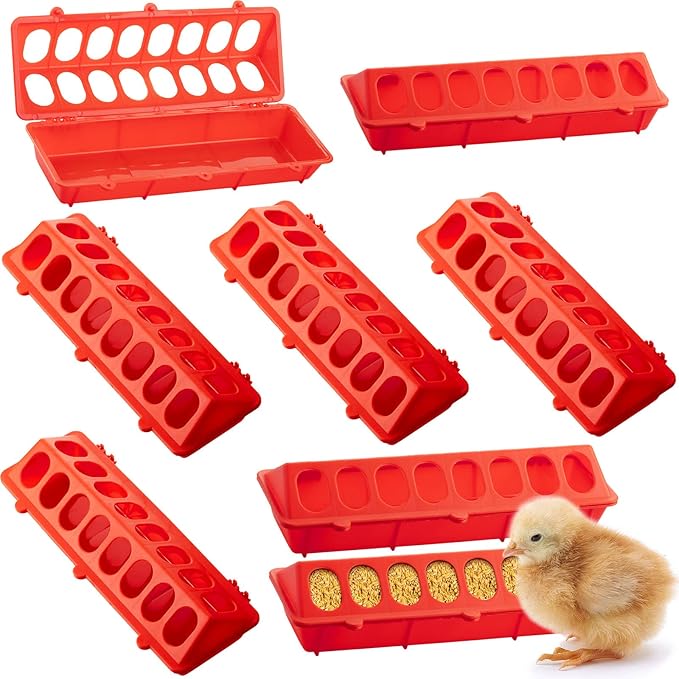 8 Pack Plastic Flip Top Small Poultry Feeder Quail Feeder Baby Chick Ducklings Feeder Red No Mess No Waste Multihole Poultry Feeding Dish Dispenser for Pigeon Chicken Bird