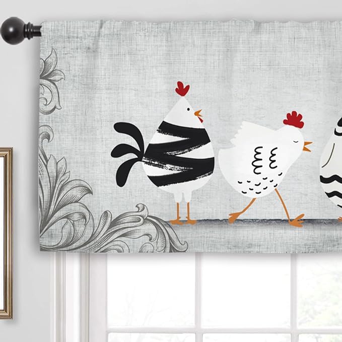 Miyotaa Rooster Chicken Kitchen Curtain Valance 54W x 18H Rod Pocket Vintage Farmhouse Rustic Retro Farm Country Rural Window Treatment for Living Room Bedroom Bathroom