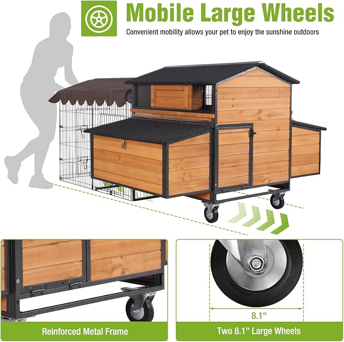 GUTINNEEN Mobile Chicken Coop Upgraded with All Arounded Metal Frame Large Hen House with Super Large Wheels for 6–8 Chickens, 6 Nesting Boxes, Metal Run, 76.7" L