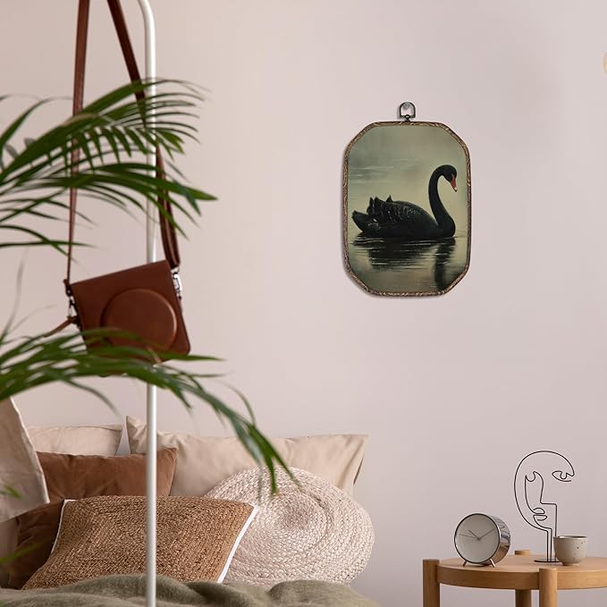 Yorhifa Vintage Black Swan Framed Wall Art, Antique Black Swan Oval Wall Art, Rustic Elegant Animal Oval Walls Decor, Retro Moody Canvas Artwork Hanging Decor, 7x10.2in