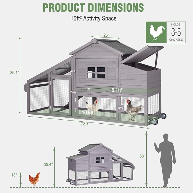 Mobile Chicken Coop with Run, Large Outdoor Wooden Poultry Cage Hen House with Wheels, Nesting Box, Pull-Out Tray, Waterproof Roof, Grey, 72.3" L x 26" W x 39.4" H, for 3-5 Chickens