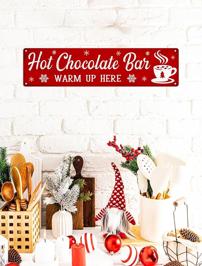 Hot Chocolate Bar Metal Tin Sign Vintage Funny Christmas Sign for Cafe Home Bar Farmhouse Christmas Art Wall Decoration Retro Poster 4x16 Inch