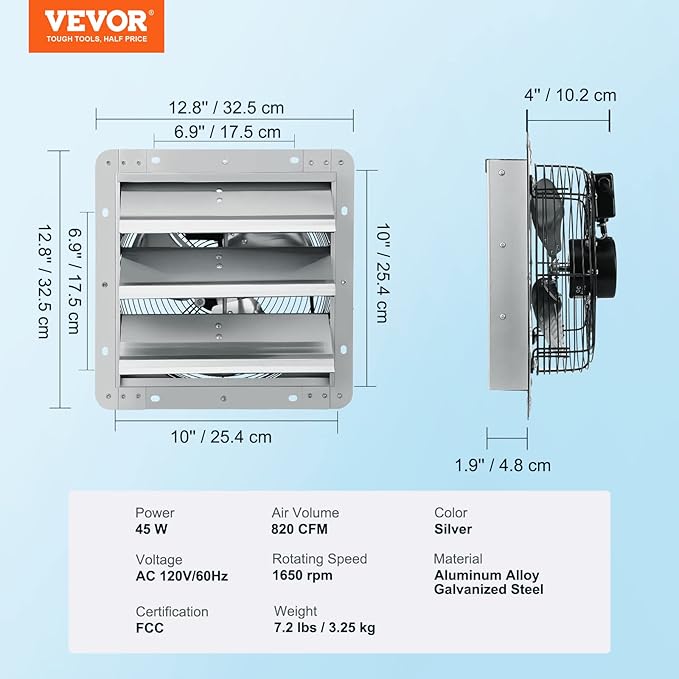 VEVOR 10'' Shutter Exhaust Fan, High-speed 820 CFM, Aluminum Wall Mount Attic Fan with AC-motor, Ventilation and Cooling for Greenhouses, Garages, Sheds, Shops, FCC