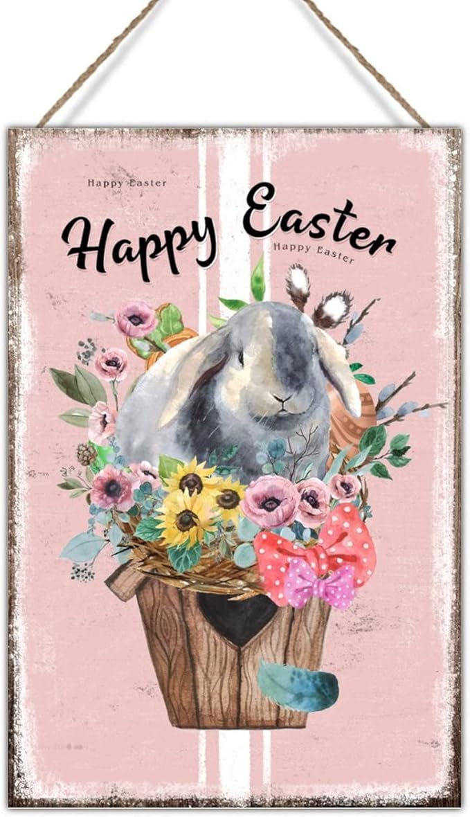 Happy Easter Flower Basket Bunny Wood Hanger Sign French Style Floral Pink Stripes Wooden Sign Plaque Farmhouse Easter Decor Welcome Spring Sign Wall Decor for Game Room 12x18in