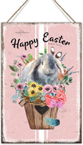 Happy Easter Flower Basket Bunny Wood Hanger Sign French Style Floral Pink Stripes Wooden Sign Plaque Farmhouse Easter Decor Welcome Spring Sign Wall Decor for Game Room 12x18in