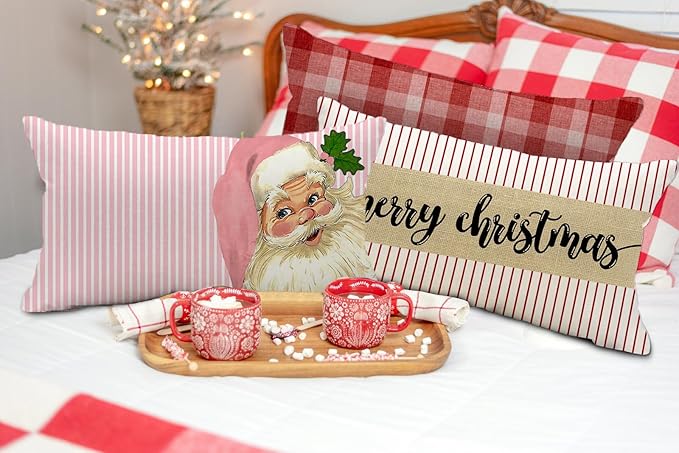 Pink Nostalgic Adorable Santa Pillow Covers Christmas Stripes Pink Throw Pillow Cover, 12 x 20 Inch Christmas Cushion Case Decoration for Sofa Couch