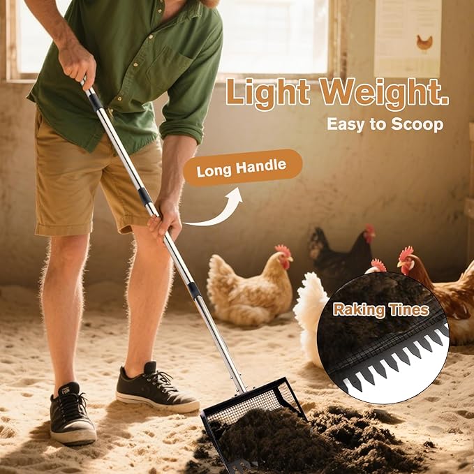 Chicken Poop Scooper, 2-in-1 Chicken Coop Scoop Rack with Duable Stainless Steel Handle, Sand Shifting Shovel Metal Coop Scoop, Pooper Scooper for Farm Animals