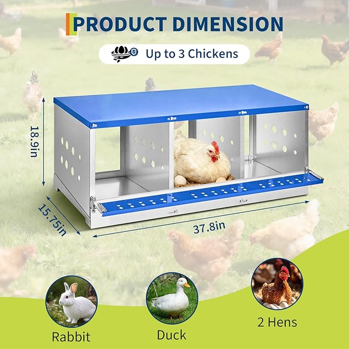 Metal Chicken Nesting Boxes - 3 Hole Wall-Mountable Laying Boxes with Roll-Away Egg Collection, Weatherproof Galvanized Steel, for Chicken Coop, Blue