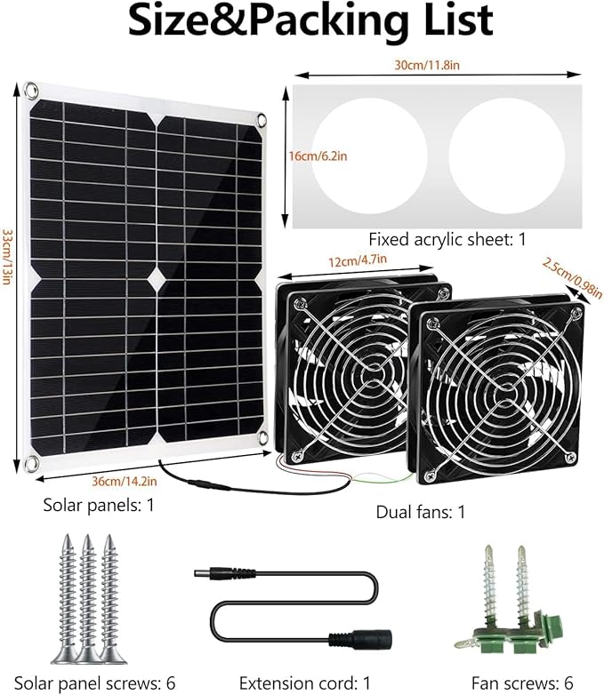 WININMETA Solar Powered Fan, 25W Solar Fan for Chicken Coop, Solar Exhaust Fan for Greenhouse, Shed, Pet Houses, Outside with Two 5In IP65 Waterproof Fans, 10Ft Cable, On/Off Switch, Intake or Exhaust
