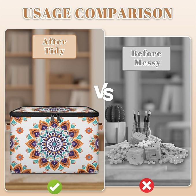 Boho Vintage Flowers Storage Bins with Zipper Lid Fabric Storage Containers for Clothes Collapsible Closet Storage Basket with Metal Frame 1 Pack