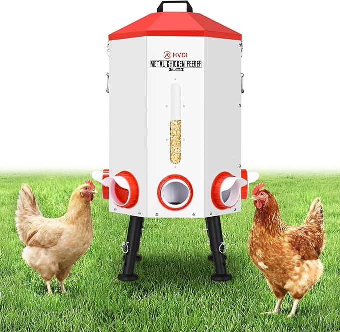 70lbs - 80lbs Large Automatic Chicken Feeder, Adjustable Stand, 8 Feeding Ports, Viewing Window, Sloped Roof Rain Protection Design