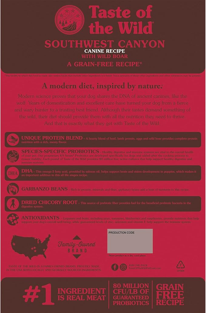 Taste of the Wild Southwest Canyon Grain-Free Recipe with Wild Boar Dry Dog Food, Made with Protein from Real Meat, and Guaranteed Nutrients Like Probiotics for All Life Stages 5lb