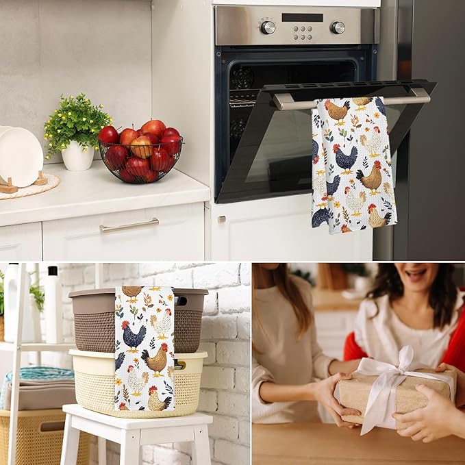 Farmhouse Chicken Rooster Decor Kitchen Towels and Dish Towel, Chicken Gifts for Women Kids, Rooster Kitchen Towels, Rustic Chickens Decorative Dish Tea Hand Towel for Home Bathroom,16x24 in