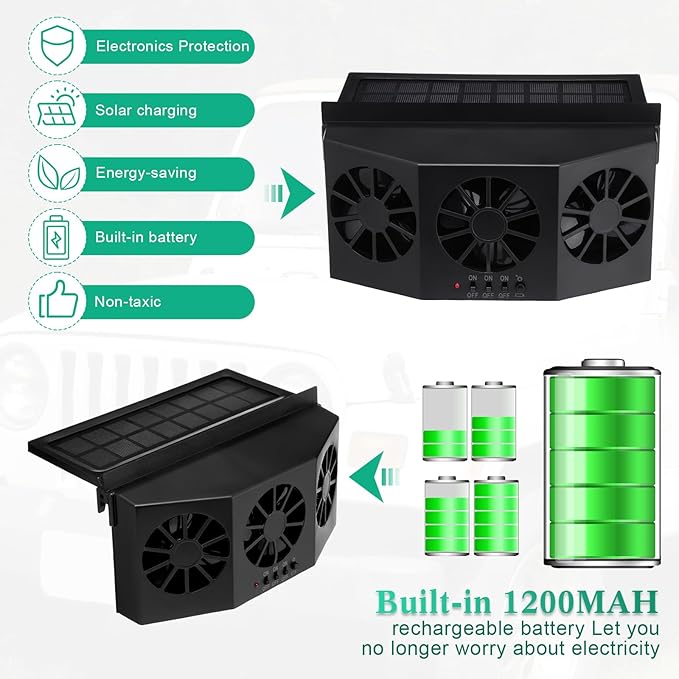 2 Pack Solar Powered Car Exhaust Fan 3 Fans Car Window 4500 RPM Air Vent Radiator Solar Energy Cooling Vent Exhaust for General Types(Solar 3 Fans,Black)