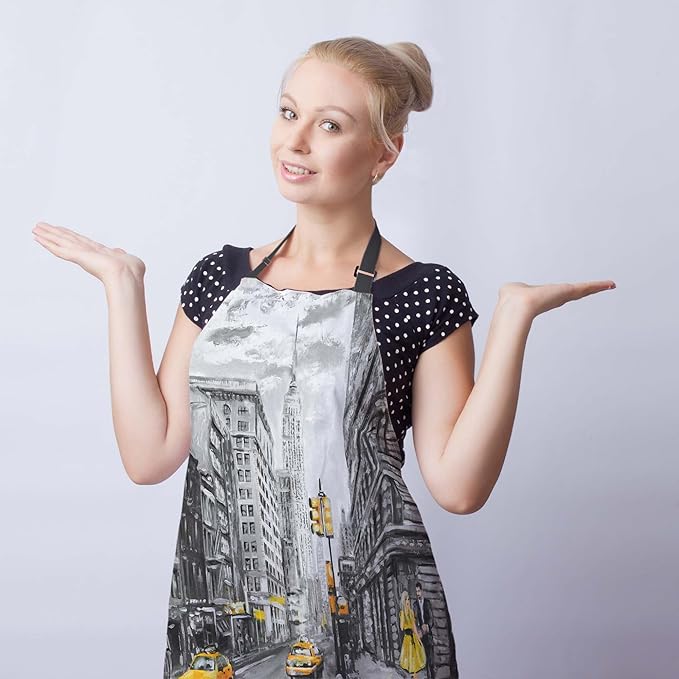 Baking Apron for Women Oil Painting Street View of New York Funny Aprons for Men for Kitchen Cooking Restaurant BBQ Painting Crafting 27” (W) x 31” (H), Waterproof Apron