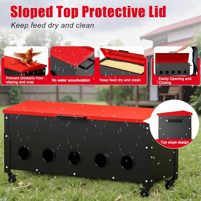 Portable Metal Chicken Feeder, 10 Feeding Ports,Freestanding Chicken Feeder with Top-Sloped Lid, No Waste Gravity Poultry Feeder, 120 lbs Large Capacity