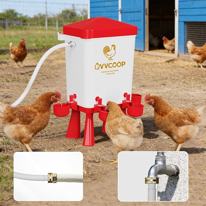 Automatic Chicken Waterer with Float Valve, Float Control Poultry Waterer with Hose for Duck Turkey, Chicken Coop Accessories, Standing/Hang Use, 3 Gallon(Upgraded), Red