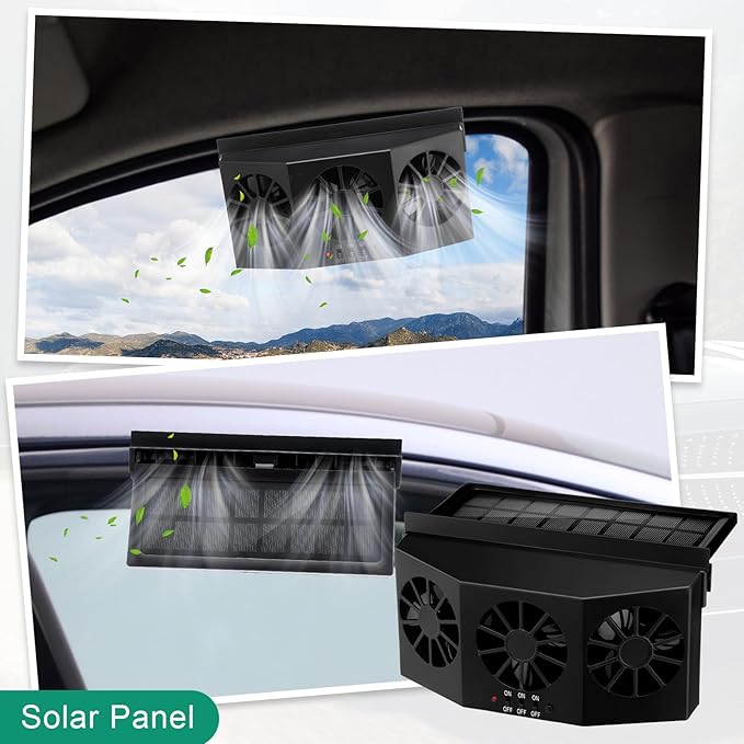 2 Pack Solar Powered Car Exhaust Fan 3 Fans Car Window 4500 RPM Air Vent Radiator Solar Energy Cooling Vent Exhaust for General Types(Solar 3 Fans,Black)