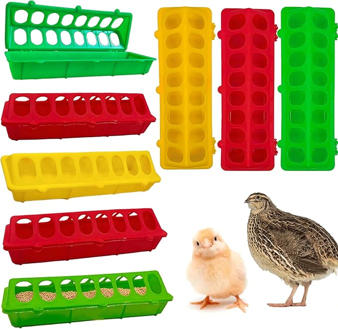 8 Pack Plastic Flip Top Chick Feeders Chicken Feeding Tray Poultry Quail Feeder Drinkder with Hole Trough Tool for Farm Chick Bird Pigeon Ducks Small Chick Grit FeeDuckling Feeder and Waterer Set