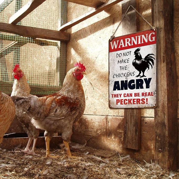 YOYI ART Funny Metal Warning Chicken Signs for Coop - Vintage Tin Sign for Chicken Coop, Outdoor, Kitchen, Farmhouse Wall Decor Art Accessories, Chicken Gifts for Women, 8 x 12 inch