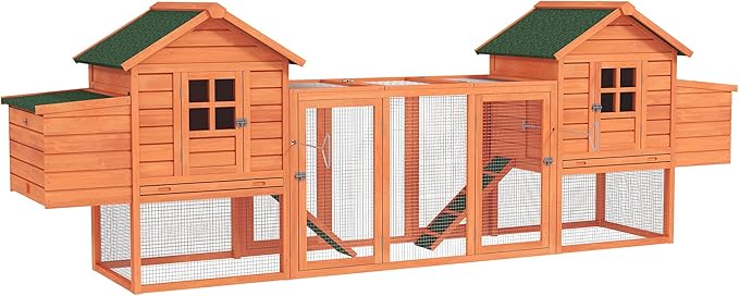 PawHut Dual Wooden Chicken Coop with Garden Bed, Large Outdoor Hen House with Nesting Boxes Removable Trays, Ramps Run, for Garden Backyard, 123" x 27.5" x 42.5", Natural Wood