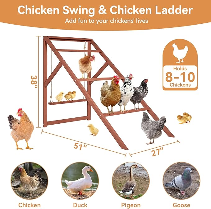 PETSFIT Wooden Chicken Roosting Bars for 8-10 Chickens – Multi-Level Design with 4 Roosting Bars &Swings, Durable Fir Wood for Outdoor Coops, Easy Assembly, Ideal for Backyard Farms