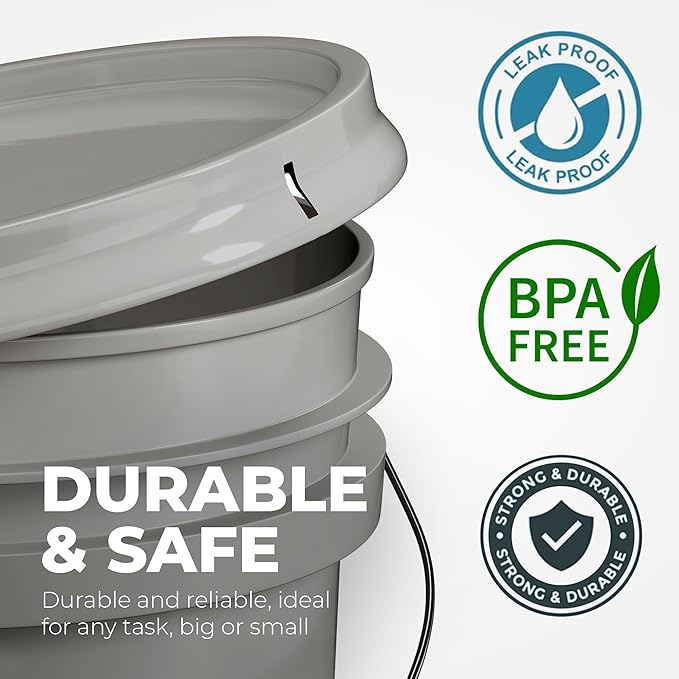 5-Gallon Grey Bucket Pail Container with Lid | Metal Handles with Plastic Grip for Easy Carrying | Multi-Use | Easy Stack and Store | Heavy-Duty Extra Durable | Food Grade | BPA Free - 1 Pack