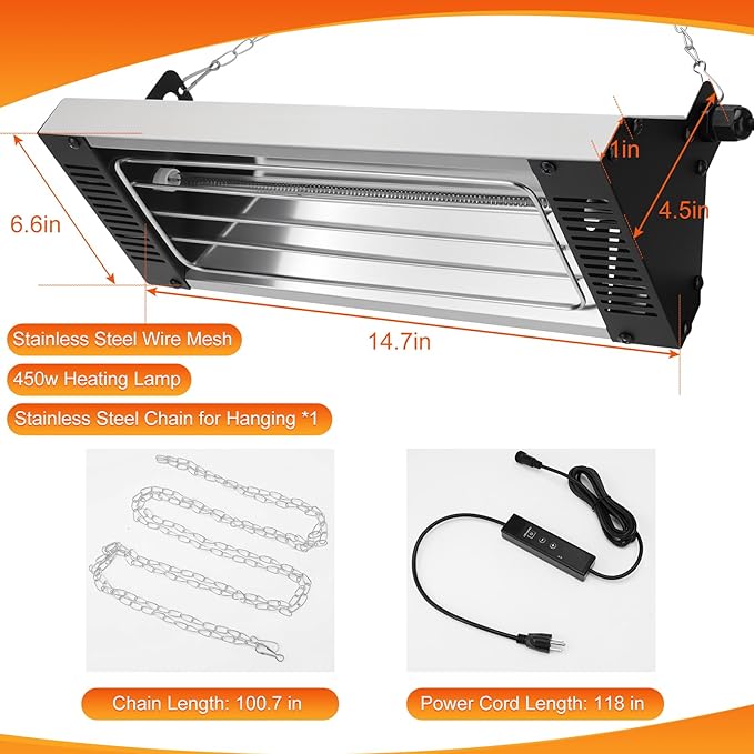 450W Heat Lamp for Chickens, Carbon Fiber Heater for Chick Brooder, Large Hanging Chicken Coop Heater, Adjust 5 Levels & Time & Height, 9.8 Ft Cord Heat Lamp for Poultry & Pets