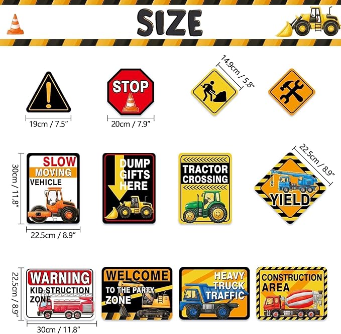 WERNNSAl Construction Party Decorations - 12PCS Truck Signs Birthday Decorations for Kids Boys Construction Birthday Party Supplies Funny Traffic Road Signs for Baby Shower Home Garden Yard Decor