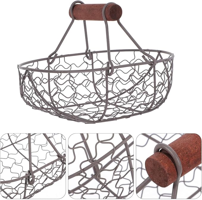 DOITOOL Vintage Metal Wire Egg Basket for Fresh Eggs with Handle Rustic Kitchen Storage Basket for Fruit Bread and Countertop Organization 4.7 Inch Square