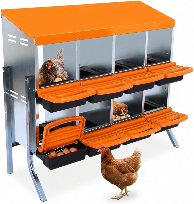 Chicken Nesting Box, 8 Compartments Metal Roll Away Nest Box for Chicken Coop, Heavy-Duty Eggs Laying Boxes with Removable Lid for Easy Egg Collection, Easy Cleaning, Orange