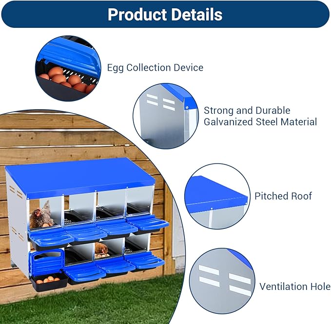 GarveeLife Chicken Nesting Box, 8 Compartments Nesting Boxes for Chickens, Chicken Laying Boxes, Roll Away Nesting Box for Chickens Laying Egg with Lid Cover to Protect Eggs, Blue