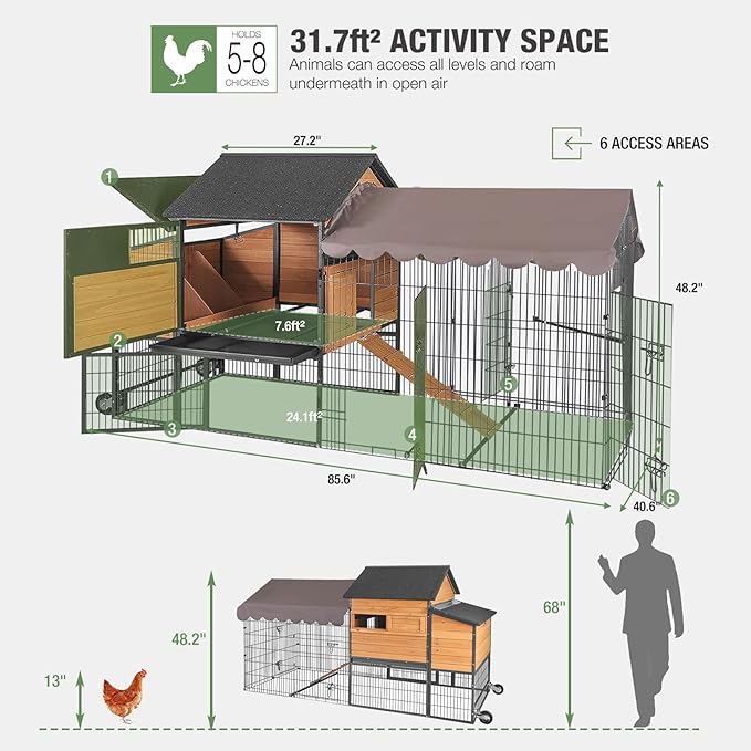 Extra Large Mobile Chicken Coop with Run, Portable Chicken Tractor with Wheels, Wooden Poultry Cage with All-Around Iron Frame, Metal Sliding Tray, Nesting Boxes for 6-8 Chickens