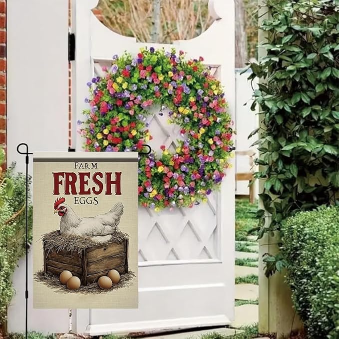 Farm Fresh Eggs Garden Flag 12x18 Inch Double Sided Outdoor Yard Banner Hen on Nest Rustic Farmhouse Country Decor for Garden Porch Patio Lawn Home Decoration