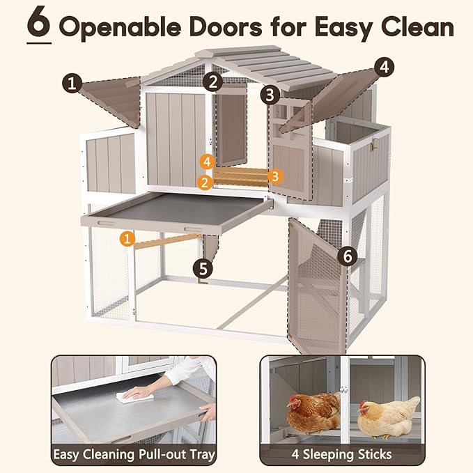 Large Wooden Chicken Coop for 2-6 Chickens, Outdoor Chicken House with 4 Nest Boxes, Hen House Poultry House Pet Hutch Chicken Cage with Waterproof Asphalt Roof, Ramp, Roosting Bars